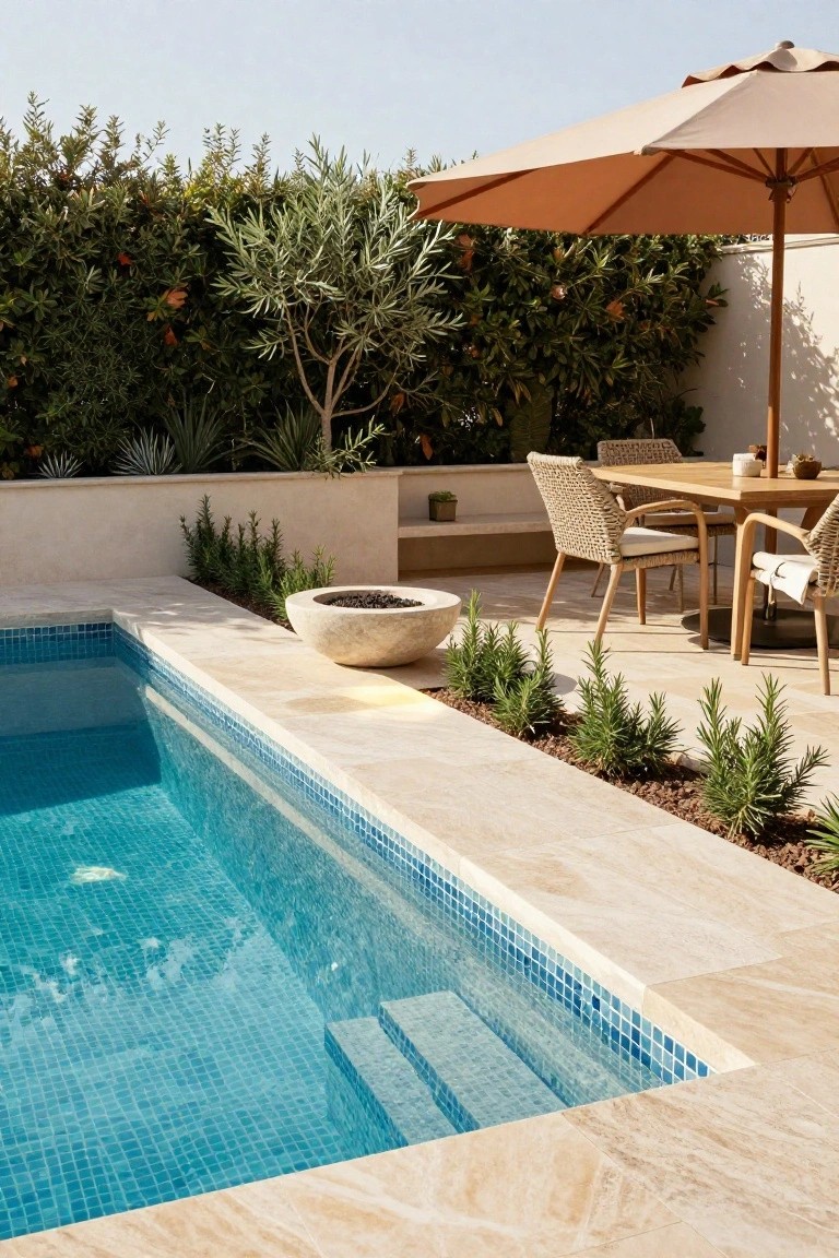 Modern infinity-style pool with blue mosaic tiles and light travertine stone decking edged by rosemary plants, stone fire bowl, rattan dining table with chairs under beige umbrella, and olive trees against a white wall.