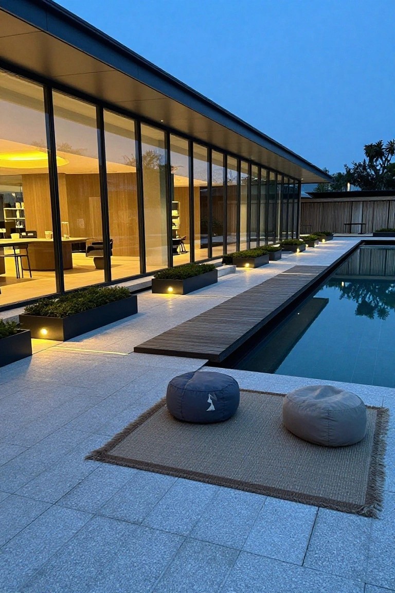 Modern black-framed glass house walls overlooking a long rectangular pool with a narrow wooden walkway along one edge, black planters with greenery, lit uplights, and two gray poufs on a seagrass rug on light stone paving at dusk.