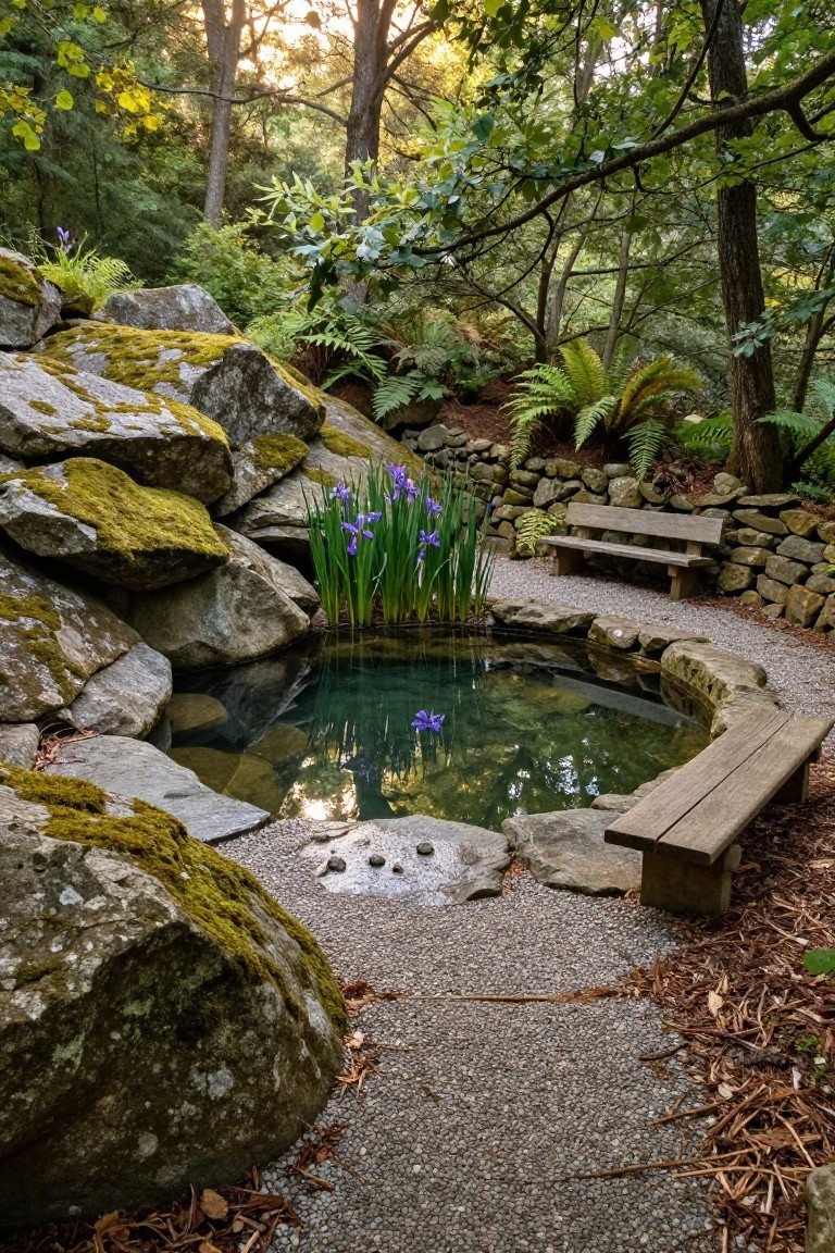 Small round natural pool edged with stacked stones and surrounded by large moss-covered boulders, iris plants, ferns, a gravel path, and wooden benches in a lush forested garden.
