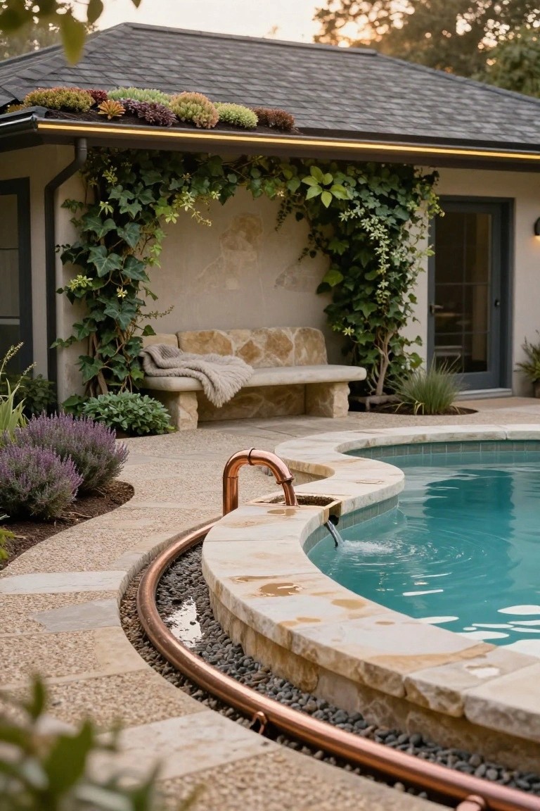 Curved stone pool edge with copper pipe spout pouring water into turquoise pool water, surrounded by lavender plants, gravel trench, and a stone bench under ivy-covered stucco wall.