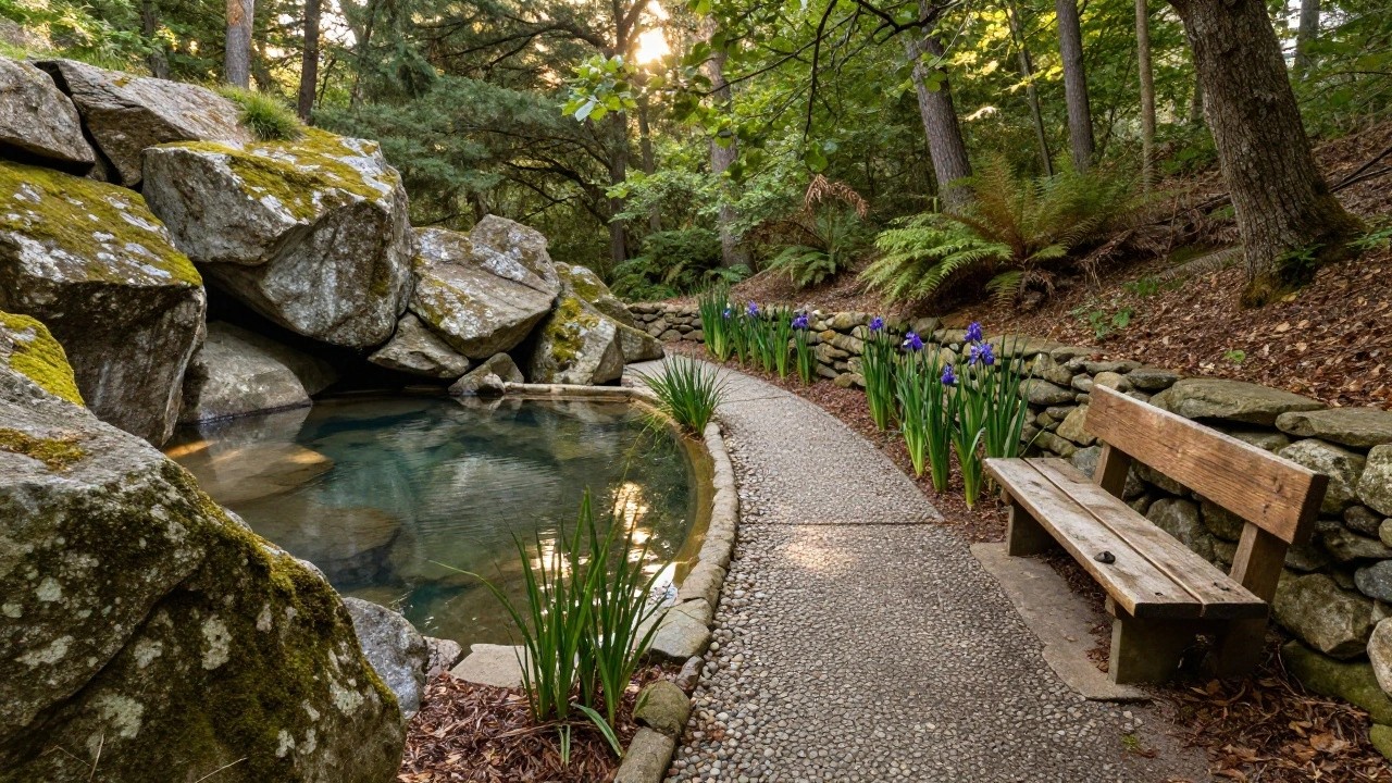 Small round natural pool edged with stacked stones and surrounded by large moss-covered boulders, iris plants, ferns, a gravel path, and wooden benches in a lush forested garden.