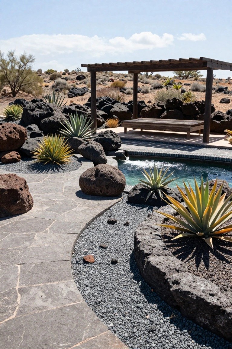 Lava Rock and Agave Pool Border