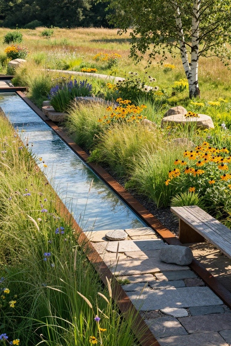 Narrow reflective water channel edged in rusted metal runs linearly through garden beds of tall grasses, yellow and purple flowers, rocks, and a wooden bench on a stone path surrounded by meadow plants.