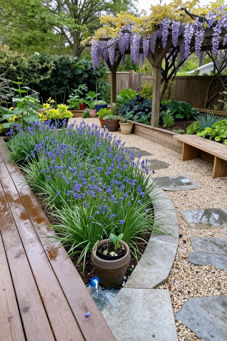 Wooden deck bordering a curved garden bed densely planted with blue iris flowers, adjacent to a gravel path with irregular stone stepping stones, various potted plants, a wooden bench, and a wisteria-covered arbor in the background.