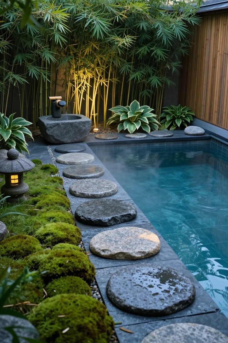 Small turquoise-tiled pool with flat gray stone slabs placed along one edge as stepping stones, bordered by green moss and gravel, with bamboo grove, hosta plants, stone lantern, and water basin nearby.