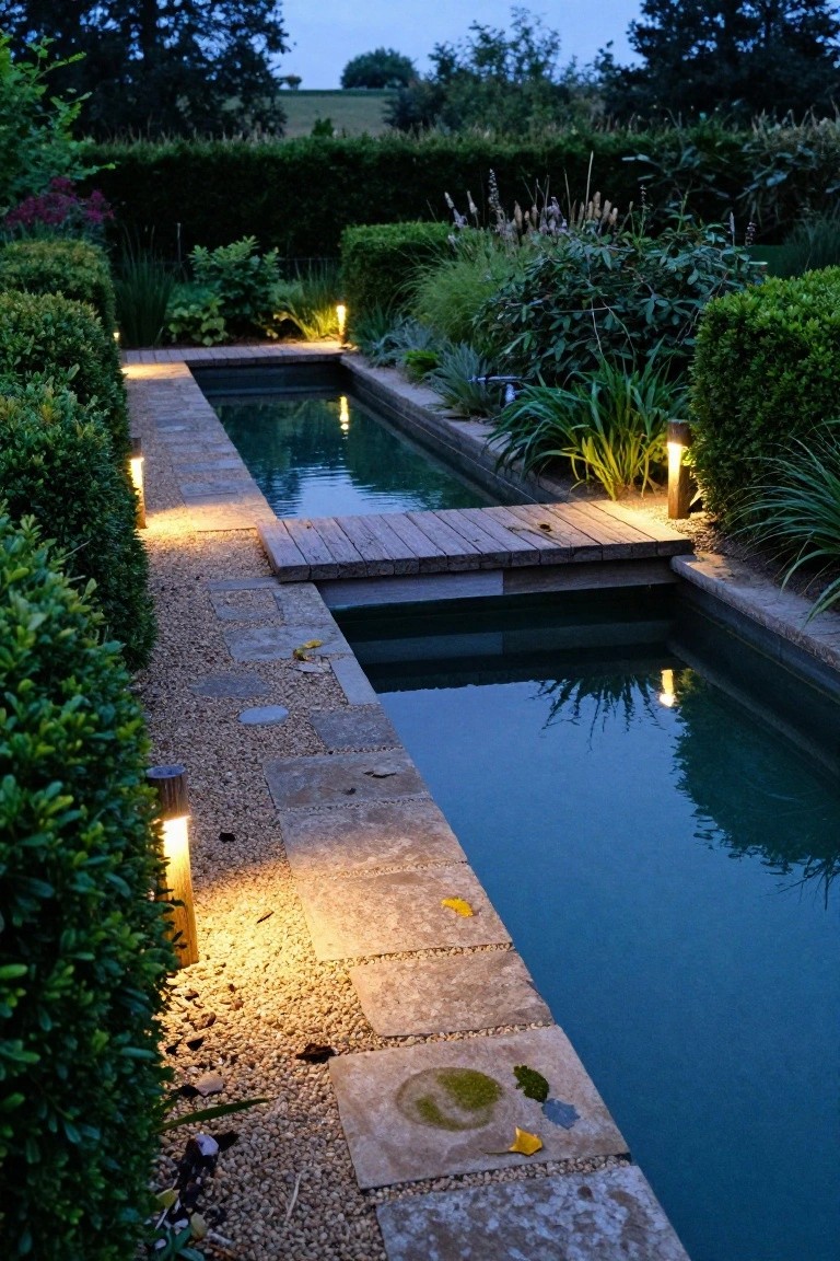 Narrow rectangular pool along a gravel garden path lined with boxwood hedges and ornamental grasses, crossed midway by a wooden footbridge, with cylindrical lights illuminating the edges at dusk.