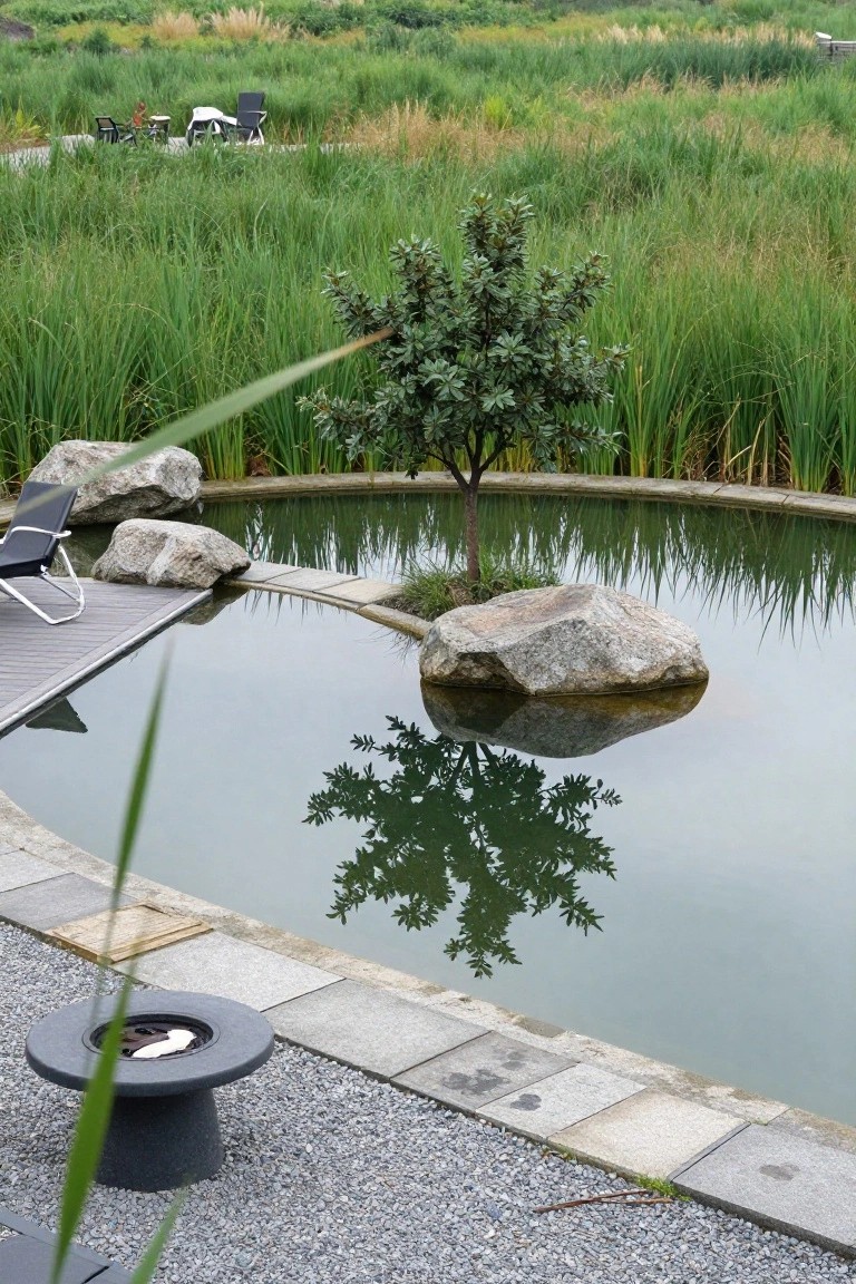 Curved green natural pond with a large central gray rock island and its reflection, edged by reeds and grasses, next to a wooden deck, lounge chair, and stone fire pit table amid gravel and stones.