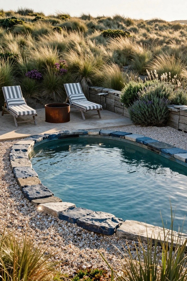 Oval turquoise pool with irregular dark stone edging and white pebble surround, flanked by striped lounge chairs, a copper fire basin, lavender plants, and tall dune grasses on a paved patio area with sand dunes in the background at sunset.