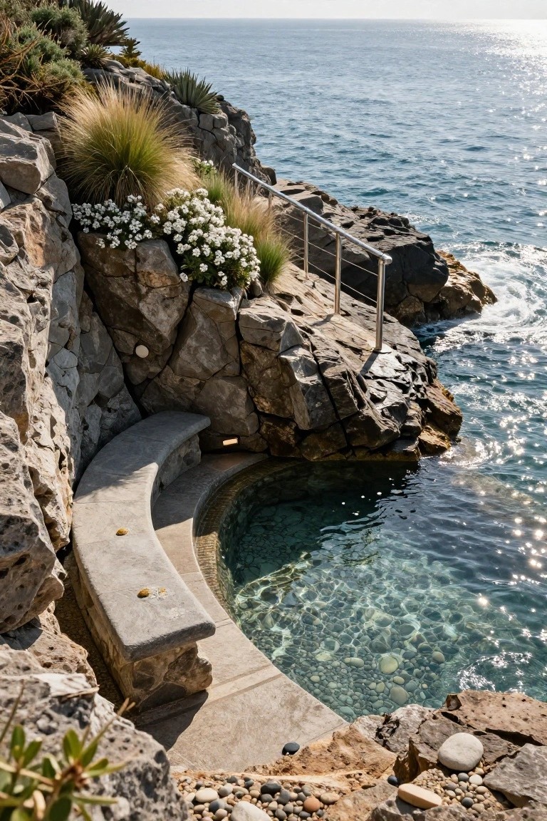 Curved turquoise infinity-edge pool built into a rocky cliff overlooking the ocean, with a matching stone bench seat, surrounded by grasses, agave plants, and white flowers on a sunny day.