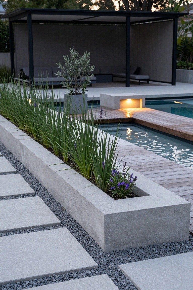 Linear raised concrete planters filled with tall green grasses and purple flowers along a wooden-decked pool edge, with gravel and paver paths nearby and a covered outdoor seating area in the background.