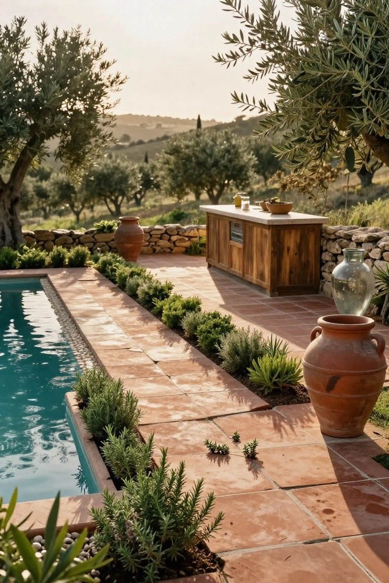 Turquoise pool with pebble edge and row of rosemary plants along terracotta tiled deck, wooden bar counter against stone wall, olive trees, and terracotta pots nearby.