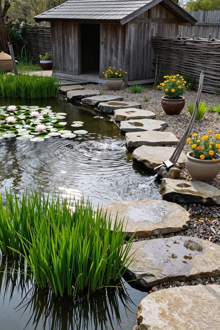 Garden pond with white water lilies and green reeds, irregular flat stone stepping stones crossing the water, yellow flowers in pots, and a small wooden shed nearby.
