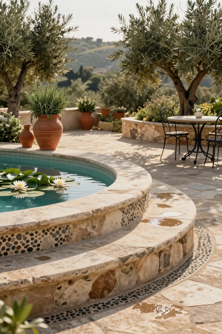 Curved turquoise pool with green lily pads and white flowers, surrounded by beige stone rim with pebble details and steps, terracotta pots with plants, wrought-iron table and chairs on stone patio, olive trees and greenery in background.