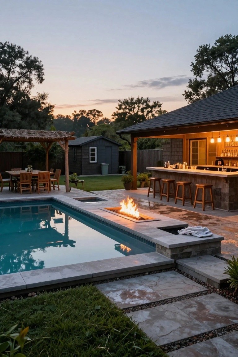 Backyard pool at dusk with a linear gas fire pit built into the stone deck edge, wooden bar stools at an outdoor bar, dining table under a pergola, and surrounding trees and grass.