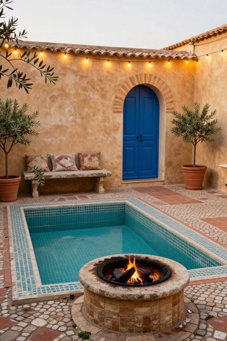 Small turquoise mosaic-tiled plunge pool adjacent to a circular stone fire pit with burning logs, surrounded by terracotta pebble paths, potted olive trees, a stone bench with cushions, and a blue arched door in a beige stucco wall under string lights.