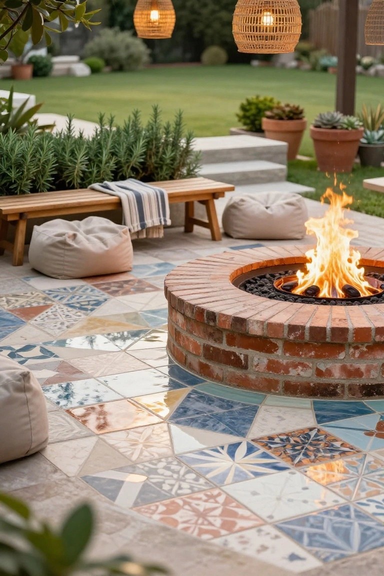 Outdoor patio with a circular brick fire pit at the center, surrounded by multicolored patterned tiles, beige floor poufs, a wooden bench with cushions, potted plants, hanging lanterns, and a green lawn in the background.