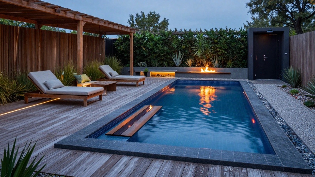 A narrow rectangular pool with blue mosaic tiles and a linear wooden fire pit along one deck edge, flanked by lounge chairs on a wooden deck, with a pergola, tropical plants, and a modern outdoor kitchen nearby at dusk.