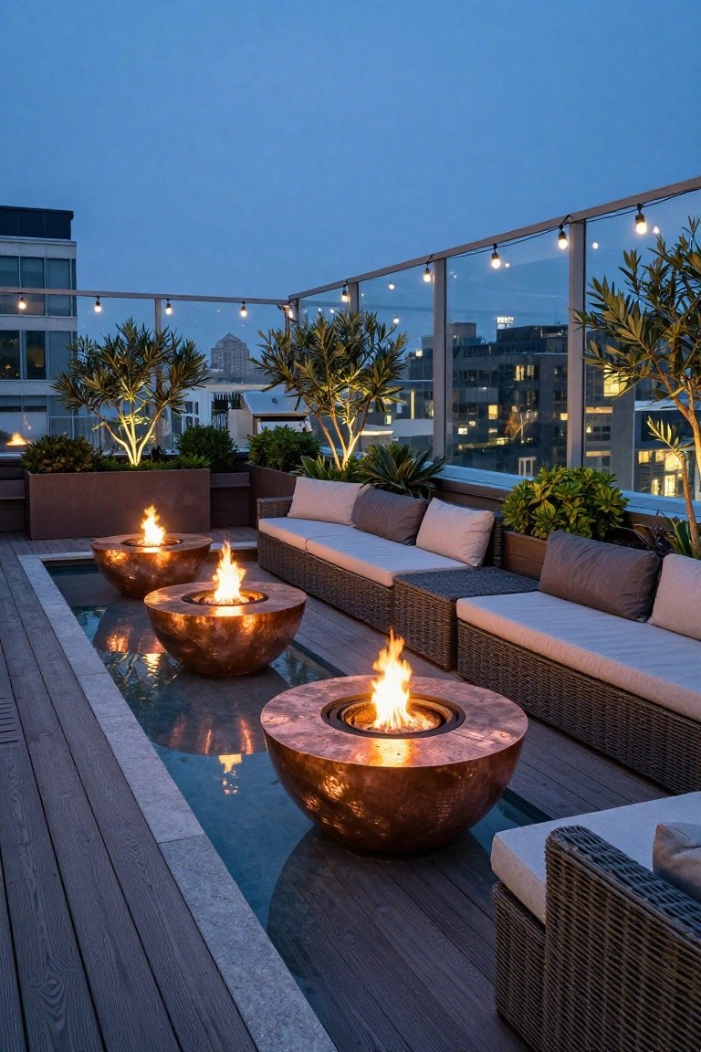 Rooftop terrace at dusk with a narrow shallow pool containing three lit copper fire bowls, wooden decking, wicker seating with cushions, potted plants, string lights, and glass railings overlooking city buildings.