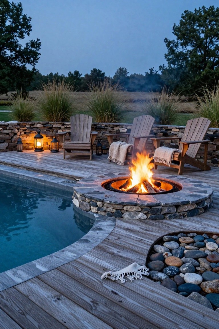 Curved wooden deck around a pool with a circular stone fire pit built into the deck edge near the water, Adirondack chairs on the deck, lanterns on a stone retaining wall, tall ornamental grasses, and trees in a rural setting at dusk.