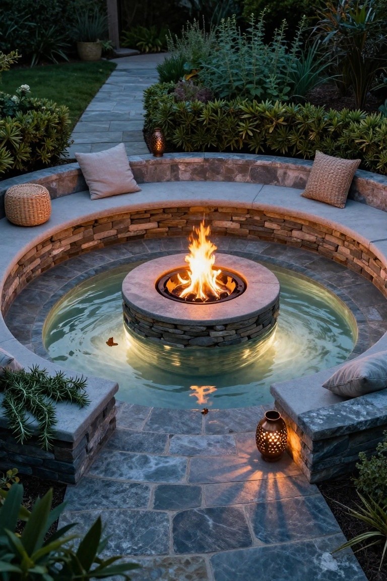 Circular stone fire pit burning in the center of a shallow turquoise pool surrounded by curved stone benches with beige and woven pillows, set in a garden with slate path, plants, and lanterns at dusk.