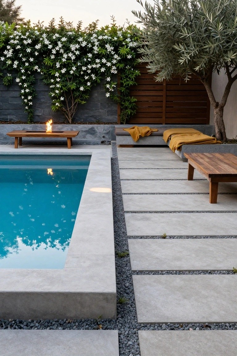 Outdoor pool with infinity edge, adjacent low wooden table featuring linear gas fire pit, nearby wooden benches with yellow blankets, wide concrete deck pavers separated by pebble strips, jasmine vine on dark wall, wooden fence, and olive tree.