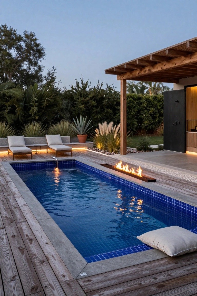 A narrow rectangular pool with blue mosaic tiles and a linear wooden fire pit along one deck edge, flanked by lounge chairs on a wooden deck, with a pergola, tropical plants, and a modern outdoor kitchen nearby at dusk.