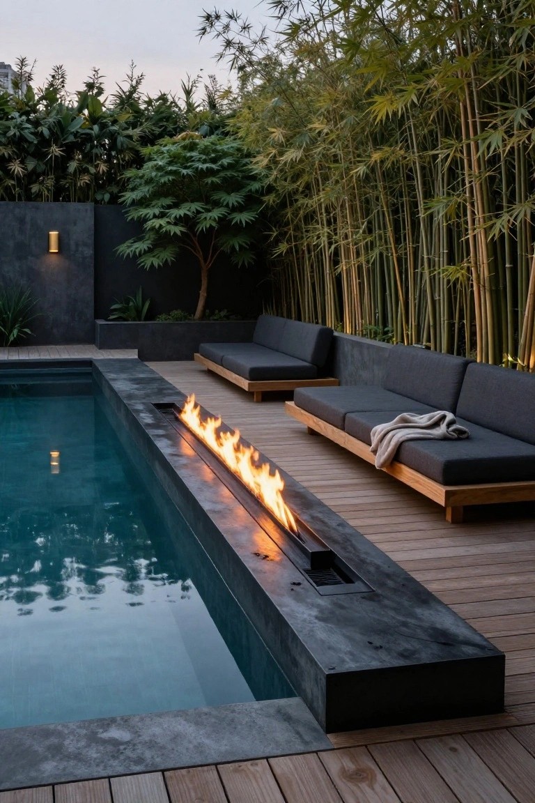 A rectangular pool with a linear gas fire pit built into the dark stone edge along one side, wooden decking with low modular sofas nearby, bamboo screening in the background, and soft evening light.