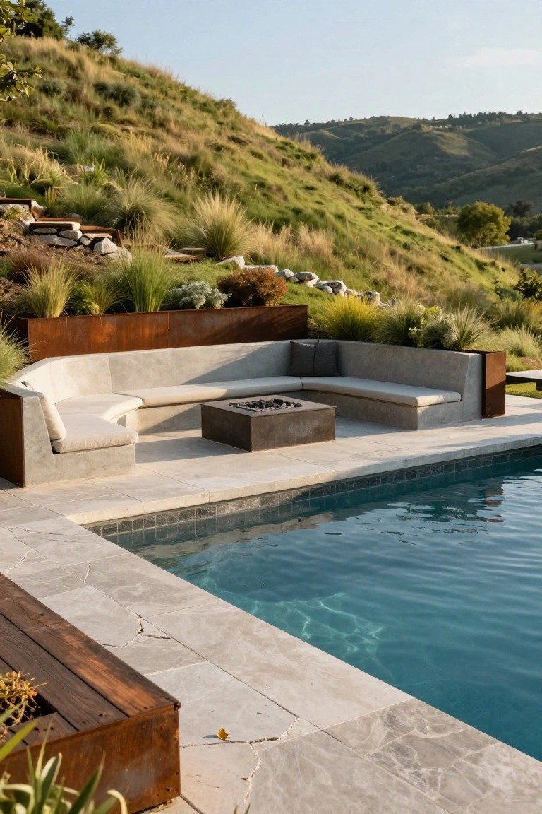 Curved built-in gray concrete bench seating with beige cushions surrounding a square black metal fire pit next to a turquoise pool edged in light stone tiles, with corten steel planters and grassy hillside in the background.
