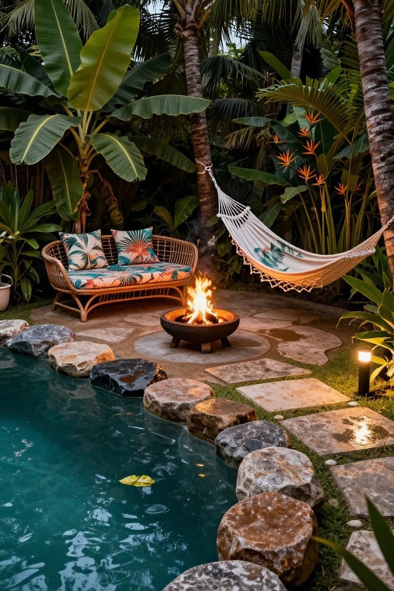 Turquoise pool edged with natural rocks and stones leading to a central black fire pit on a circular stone pad, rattan loveseat with colorful cushions nearby, white hammock with tropical print hanging from trees, lush green plants and palms surrounding the area, pathway lights at dusk.