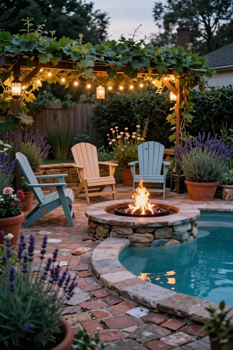 Stone fire pit built into a brick patio beside a curved pool edge, surrounded by blue and natural wood Adirondack chairs, with potted plants, lavender, a vine-covered pergola with string lights, and garden beds.
