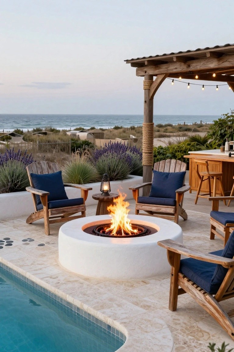 Outdoor poolside patio with a round white fire pit ringed by wooden Adirondack chairs with blue cushions, under a wooden pergola with string lights and lanterns, near ocean dunes and lavender plants.