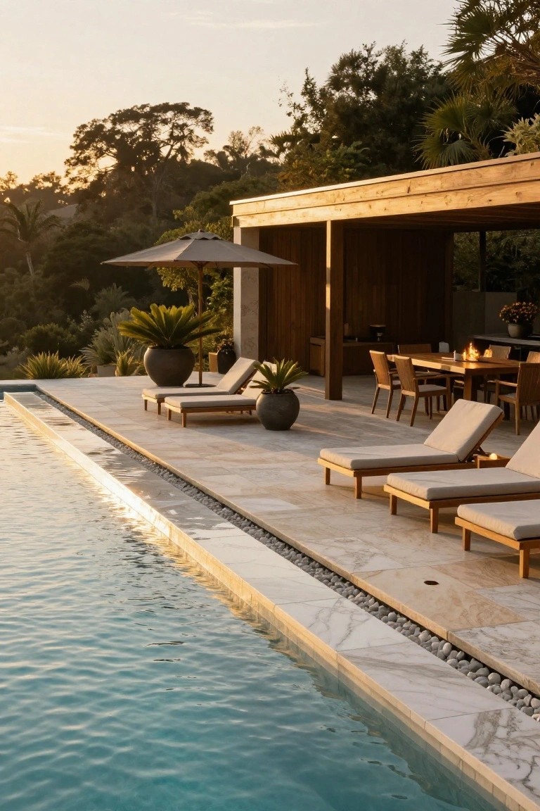 Wooden pavilion with outdoor dining table featuring a small fire, kitchen counter, and chairs, adjacent to a long infinity-edge pool with teak loungers on travertine deck and pebble edging, surrounded by potted plants and tropical trees at sunset.
