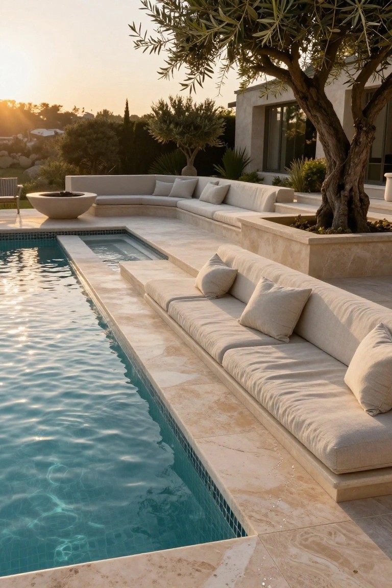 15 Pool Ideas With Tanning Ledge Spaces to Soak up the Sun A rectangular pool with a tanning ledge edged in beige travertine tiles and built-in benches with cream cushions, next to an olive tree and outdoor seating area at sunset.