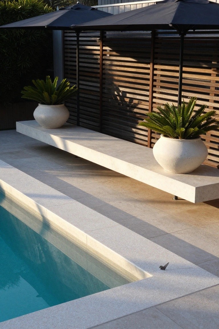 15 Pool Ideas With Tanning Ledge Spaces to Soak up the Sun Turquoise pool edged in light stone decking with a cantilevered white stone shelf protruding over the water, topped by two large white ceramic pots containing cycad plants, black umbrellas, and a wooden slat screen in the background.