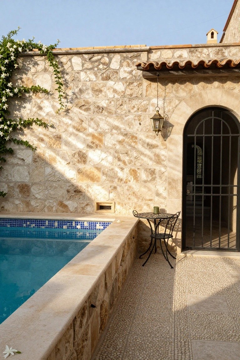 15 Pool Ideas With Tanning Ledge Spaces to Soak up the Sun Small blue-tiled pool with wide stone ledge edged by a round green glass-topped metal bistro table and two chairs, next to a tall arched black iron door in a textured stone wall under climbing white flowers.