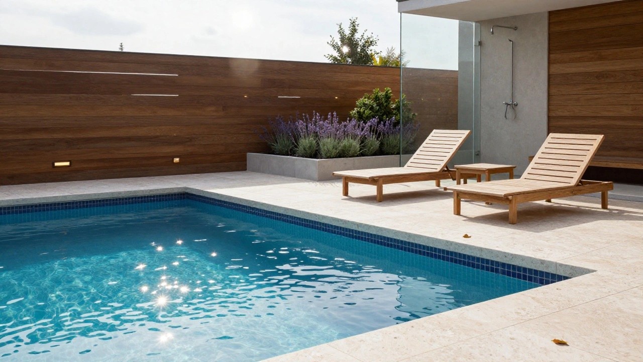 Overhead view of a narrow rectangular pool with blue mosaic tiles and a shallow tanning ledge holding a wooden chaise lounge with cushion, small stool, and side table, bordered by white stone decking, wooden slat fence, and planted edges with lavender and succulents.