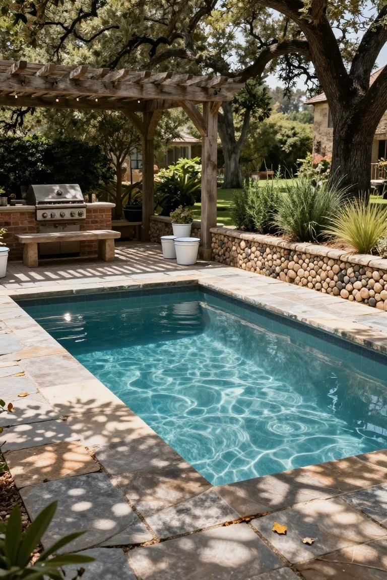 15 Pool Ideas With Tanning Ledge Spaces to Soak up the Sun Small rectangular in-ground pool with clear blue water and tanning ledge, surrounded by flagstone decking, wooden pergola with string lights, brick outdoor grill, bench, potted plants, pebble wall, and surrounding trees and shrubs.
