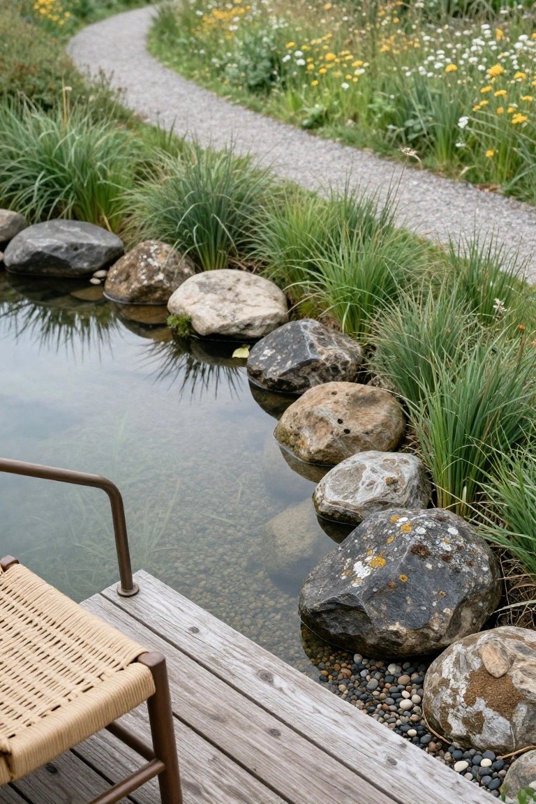 15 Pool Ideas With Tanning Ledge Spaces to Soak up the Sun Shallow natural pool edged with large mossy boulders and small pebbles, adjacent wooden deck with wicker chair and metal handrail, surrounded by tall grasses, wildflowers, and gravel path.