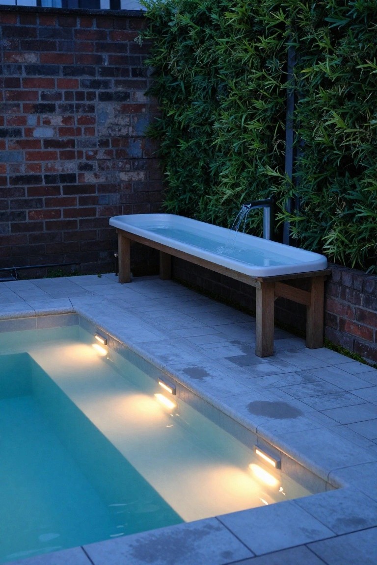 15 Pool Ideas With Tanning Ledge Spaces to Soak up the Sun Small rectangular pool with underwater edge lights next to a white freestanding bathtub on wooden legs being filled with water, set against a brick wall and bamboo hedge on pavers at dusk.