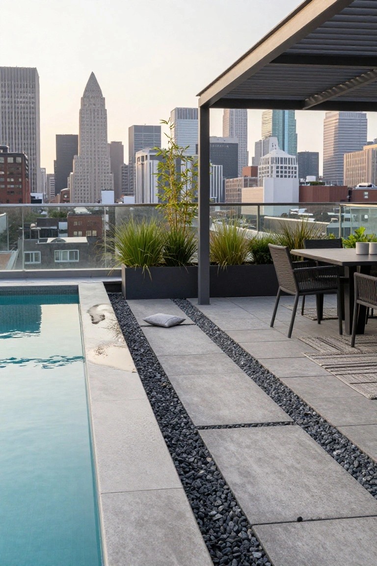 15 Pool Ideas With Tanning Ledge Spaces to Soak up the Sun Rooftop pool with shallow tanning ledge edged by black pebbles and gray stone pavers, adjacent to an outdoor dining table under a pergola with plants and city skyline in background.