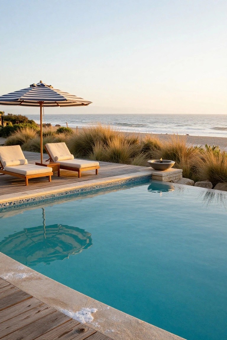 15 Pool Ideas With Tanning Ledge Spaces to Soak up the Sun Infinity-edge pool with shallow tanning ledge, two wooden loungers on deck, striped umbrella, stone fire bowl, beach grasses, and ocean view at sunset.