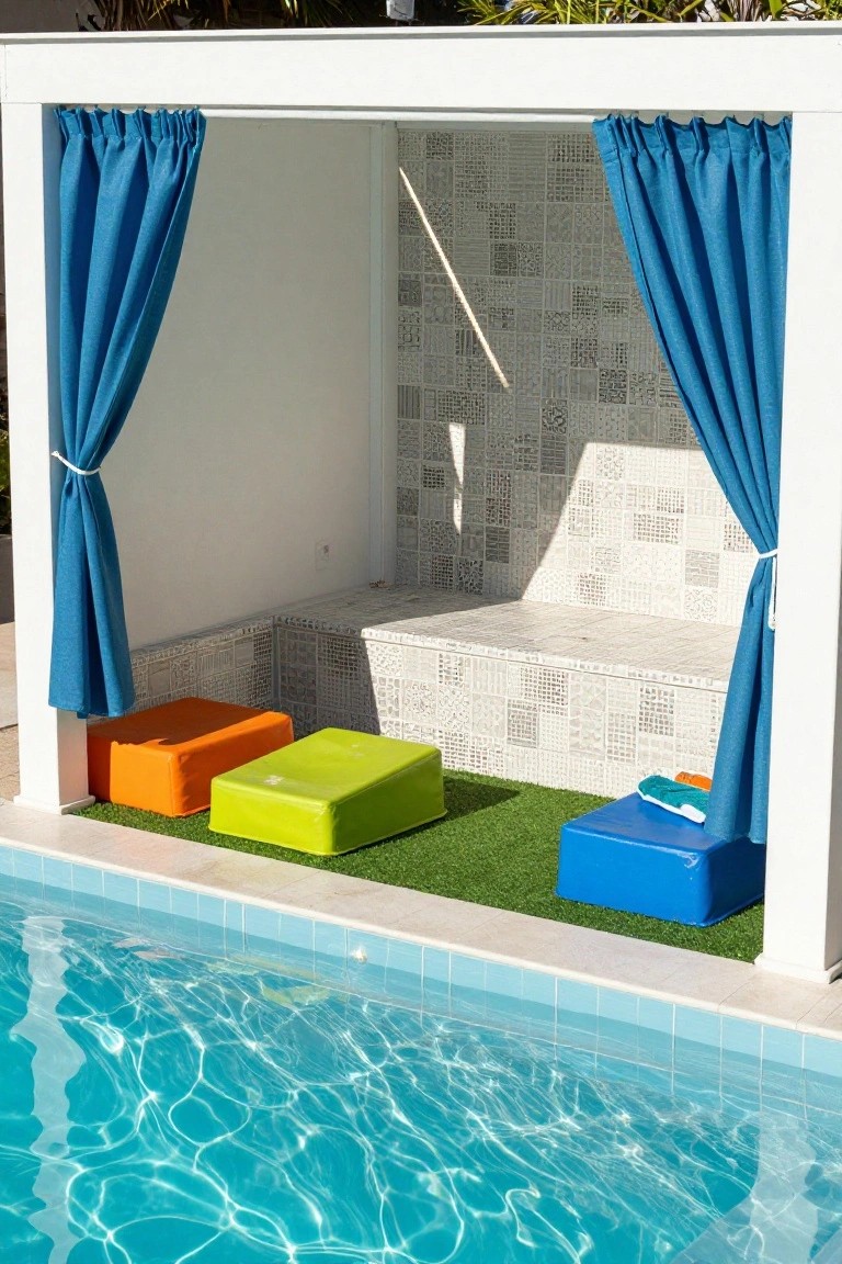 15 Pool Ideas With Tanning Ledge Spaces to Soak up the Sun White open cabana with blue curtains and tiled bench beside a pool, with orange, green, and blue rectangular poufs on artificial grass at the pool edge.