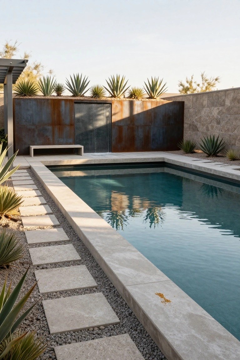 15 Pool Ideas With Tanning Ledge Spaces to Soak up the Sun Rectangular turquoise pool with wide tanning ledge along one side, surrounded by light stone pavers, gravel, agave plants, corten steel wall planter, stone bench, and stone perimeter wall in outdoor setting.