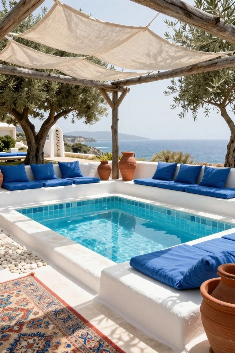 15 Pool Ideas With Tanning Ledge Spaces to Soak up the Sun Square turquoise-tiled plunge pool with surrounding built-in white benches cushioned in blue, under wooden pergola with beige shades and olive trees, overlooking the sea in a white outdoor patio area.