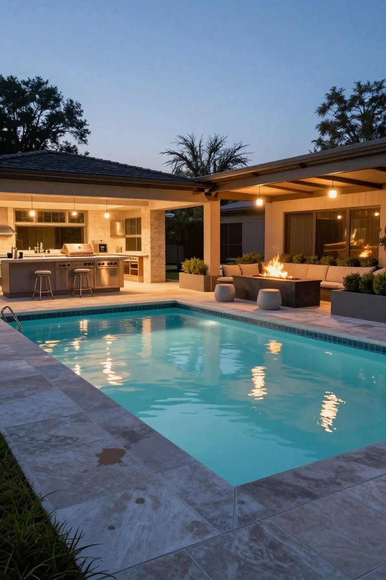 15 Pool Ideas With Tanning Ledge Spaces to Soak up the Sun Rectangular pool with shallow tanning ledge edge, travertine decking, adjacent outdoor kitchen with bar stools and grill, L-shaped beige sofa seating around linear black fire pit table, covered patio structure, trees, and house at dusk.