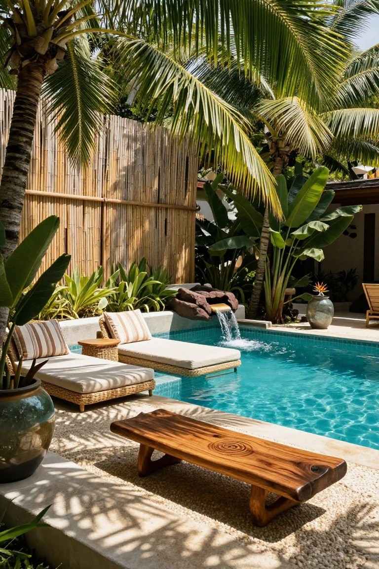 15 Pool Ideas With Tanning Ledge Spaces to Soak up the Sun Turquoise pool with shallow tanning ledge holding two white floating loungers with striped cushions and pillows, low wooden coffee table on pebble surround, tropical plants, bamboo fence, rock waterfall, and lounging chairs in background.