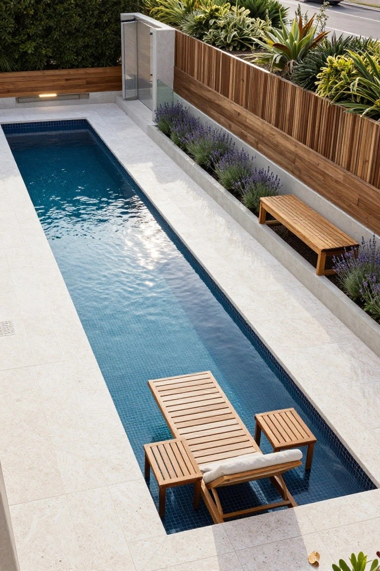 15 Pool Ideas With Tanning Ledge Spaces to Soak up the Sun Overhead view of a narrow rectangular pool with blue mosaic tiles and a shallow tanning ledge holding a wooden chaise lounge with cushion, small stool, and side table, bordered by white stone decking, wooden slat fence, and planted edges with lavender and succulents.