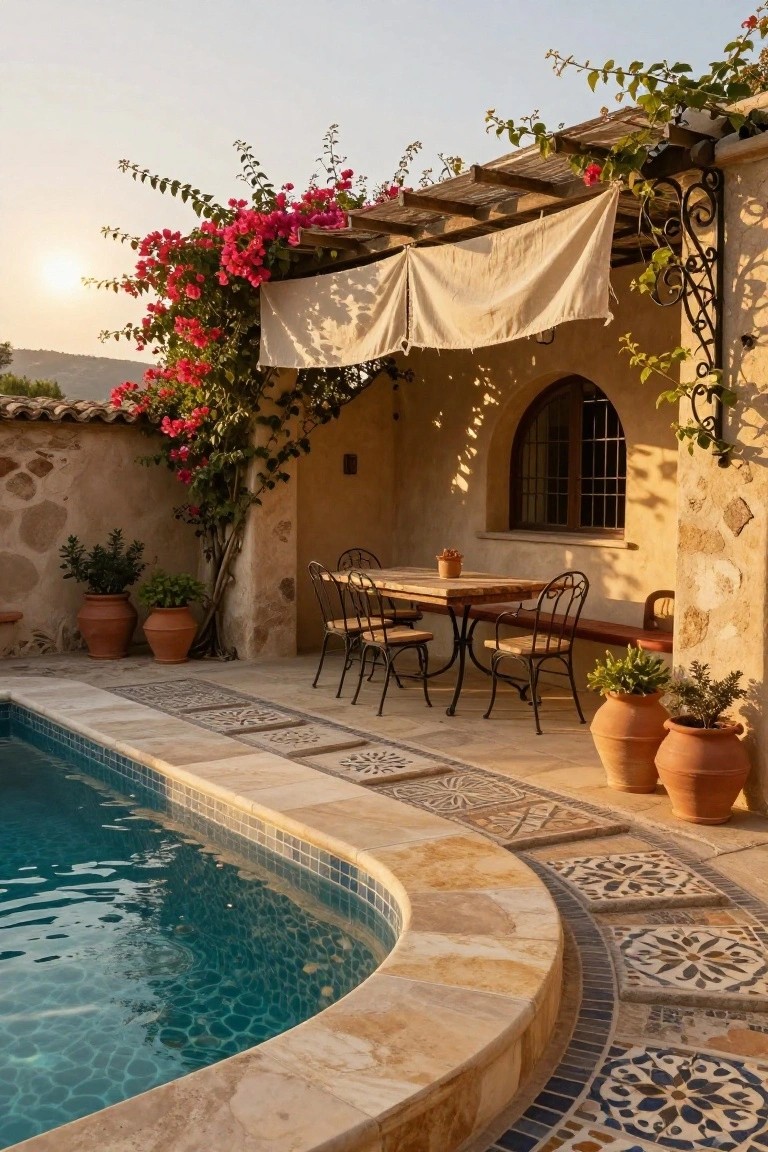 15 Pool Ideas With Tanning Ledge Spaces to Soak up the Sun Curved pool with blue mosaic tiles and shallow tanning ledge next to a beige stone patio featuring a wooden dining table with iron chairs under a pergola draped in pink bougainvillea and white fabric, surrounded by terracotta pots and stone walls.