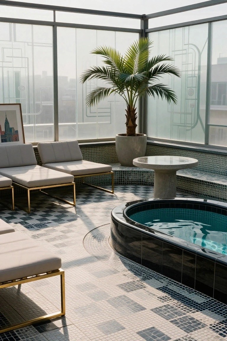 15 Rooftop Pool Design Ideas for Sky-High Luxury Rooftop terrace with curved black-tiled pool embedded in checkered black-and-white tile floor, gold-framed beige loungers, potted palm tree, round stone table, and frosted glass railings with cityscape view.