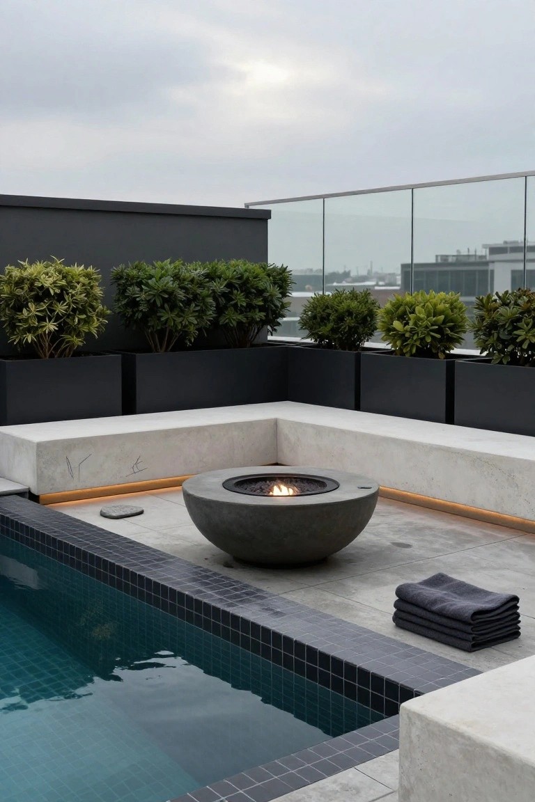 15 Rooftop Pool Design Ideas for Sky-High Luxury Rooftop terrace with turquoise mosaic-tiled pool, gray concrete bowl fire pit burning, L-shaped concrete bench seating, black planters holding green shrubs, glass railing, and stacked gray towels beside the pool.